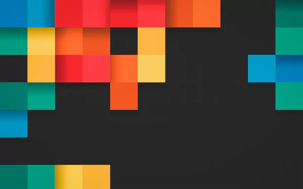 HD abstract desktop wallpaper with a colorful pattern of squares in shades of blue, red, orange, green, and yellow against a black background.