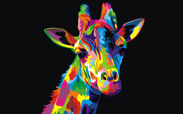 Vivid, multicolored stylized giraffe portrait on a black backdrop — 4K Ultra HD PC desktop wallpaper and background.