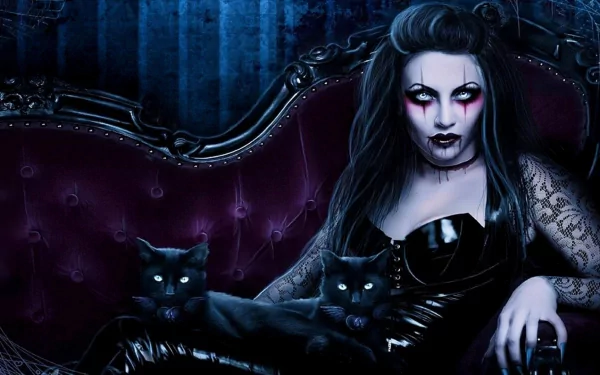 A high-definition dark gothic desktop wallpaper featuring a mysterious woman with pale makeup, dressed in black, sitting on a vintage couch, accompanied by two black cats with glowing eyes.
