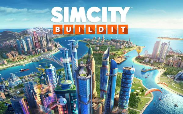 HD wallpaper of SimCity BuildIt featuring a vibrant, bustling virtual city skyline with the game's logo.