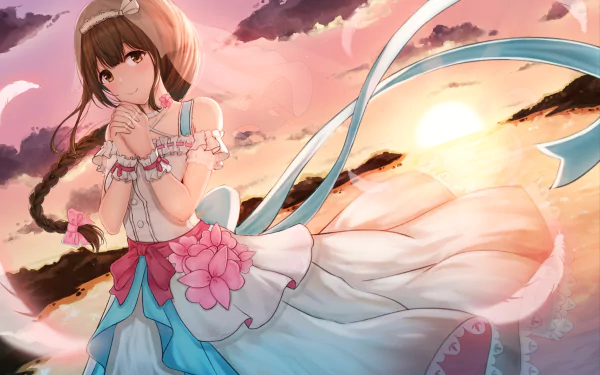 sunset long hair dress brown hair brown eyes braid Chiyuki Kuwayama Anime The iDOLM@STER: Shiny Colors anime sunset HD Desktop Wallpaper | Background Image