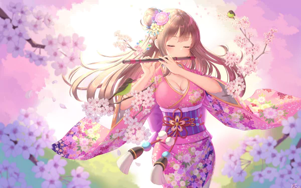 Anime girl with long brown hair in a floral kimono plays flute amidst spring blossoms, surrounded by soft pink flowers in a vibrant 4K Ultra HD desktop wallpaper.