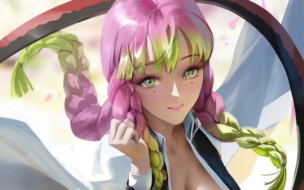 A vibrant 4K Ultra HD anime wallpaper featuring Mitsuri Kanroji from Demon Slayer: Kimetsu no Yaiba with her pink and green braided hair and a confident expression.