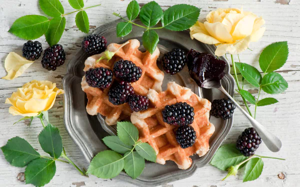 4K Ultra HD wallpaper featuring a plate of golden waffles topped with fresh blackberries, surrounded by green leaves and yellow roses on a white wooden surface.