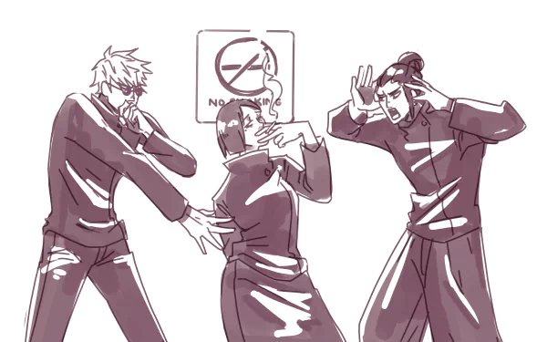 Monochrome anime wallpaper of Satoru Gojo, Suguru Geto and Shoko Ieiri in school uniforms striking playful poses — 8K Ultra HD Jujutsu Kaisen PC desktop background.