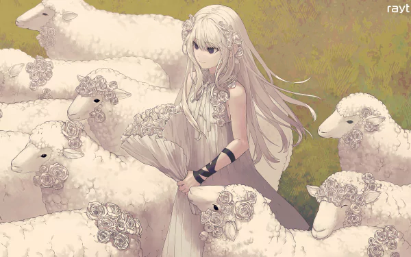 4K Ultra HD PC desktop wallpaper: white-haired anime girl in a flower-adorned dress holding a bouquet, surrounded by fluffy white sheep.