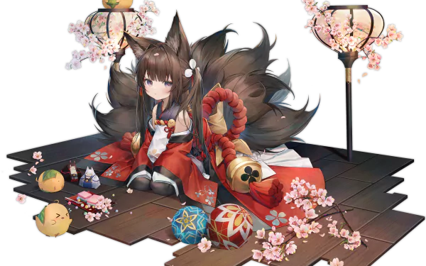 HD PC desktop wallpaper featuring Amagi from Azur Lane in anime style, surrounded by cherry blossoms, lanterns, and traditional Japanese decorations.