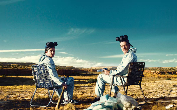 Jesse Pinkman and Walter White from Breaking Bad sit outdoors in hazmat suits with gas masks, captured in a 4K Ultra HD TV show desktop wallpaper.