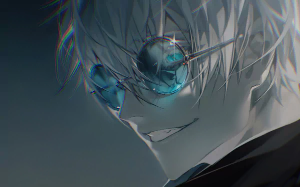 HD desktop wallpaper featuring Satoru Gojo from the anime Jujutsu Kaisen. He has white hair and is wearing glasses, reflecting his striking blue eyes.