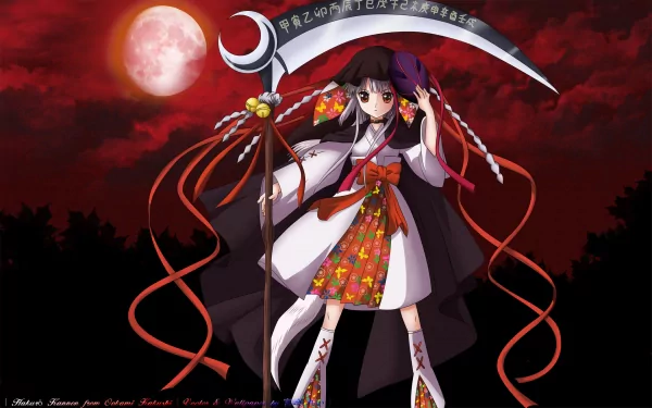 HD PC wallpaper featuring Nemuru Kushinada from the anime Ookami Kakushi, set against a dark red sky with a full moon, blending traditional and supernatural elements.