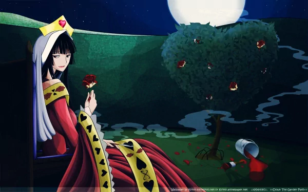 Yuuko Ichihara from xxxHOLiC — anime HD PC desktop wallpaper: she sits in a moonlit garden holding a red rose, a heart-shaped fruit tree glowing nearby and a spilled tin cup on the grass.