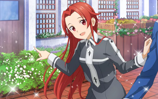 HD PC desktop wallpaper featuring Tiese Shtolienen from Sword Art Online with long red hair, red eyes, and wearing a gray uniform in a garden setting.