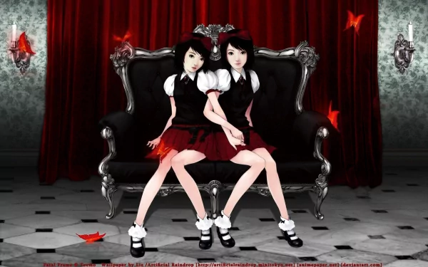 HD PC desktop wallpaper from the video game Fatal Frame, featuring twin girls in dark red and black dresses seated on a gothic sofa against a red and gray backdrop.