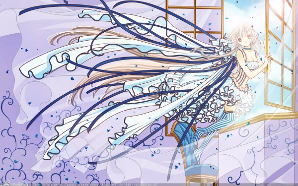 HD PC desktop wallpaper of a Chobits anime girl in a frilly white dress with long ribbon-like hair streaming like wings, seated by an open window amid pastel purple swirls.