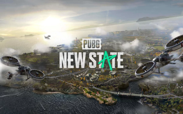 HD wallpaper of PUBG: NEW STATE with flying vehicles over a futuristic cityscape background.