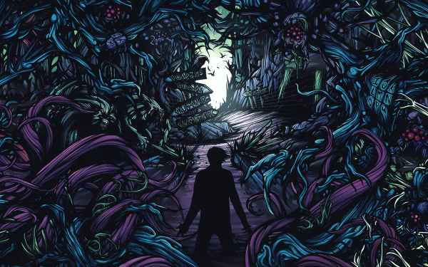 HD desktop wallpaper of A Day To Remember with a silhouette facing a vibrant, mystical forest pathway leading to a bright exit.