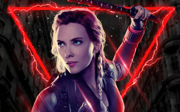 4K Ultra HD desktop wallpaper featuring Scarlett Johansson as Natasha Romanoff in the movie Black Widow, with a glowing red triangle backdrop.