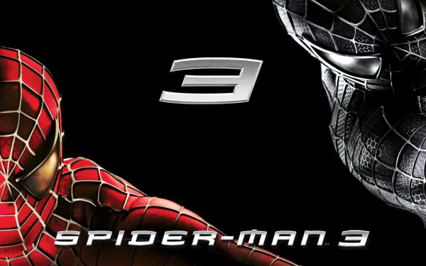HD PC desktop wallpaper featuring Spider-Man 3, showcasing both the classic red and black symbiote suits against a dark background with the movie title and number 3.