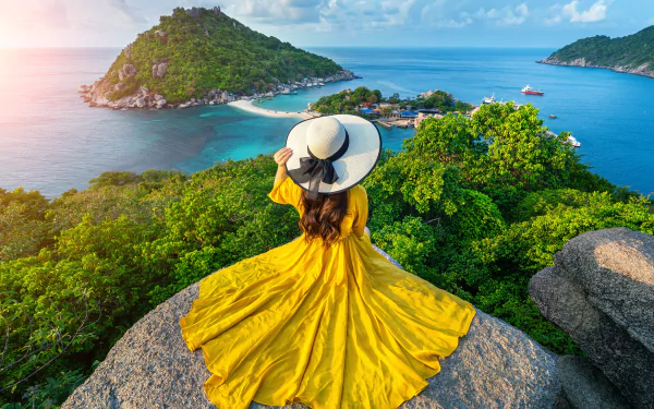 horizon yellow dress hat Thailand woman rear HD Desktop Wallpaper | Background Image