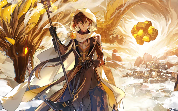 HD PC desktop wallpaper featuring Zhongli from Genshin Impact with the golden dragon Azhdaha and geo constructs, representing Rex Lapis in the video game.