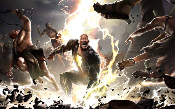 4K Ultra HD wallpaper featuring Dwayne Johnson as Black Adam from DC Comics, surrounded by glowing lightning and shattered debris in an intense action scene.