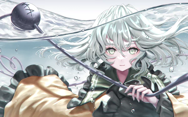 Underwater 4K Ultra HD anime wallpaper of Koishi Komeiji from Touhou, featuring her white hair and grey eyes with flowing motion and detailed shading.