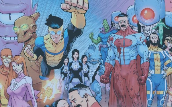 HD desktop wallpaper featuring characters from Invincible Image Comics including Invincible, Omni-Man, Robot, The Immortal, Allen the Alien, Rex Splode, and Dupli-Kate in dynamic superhero poses.