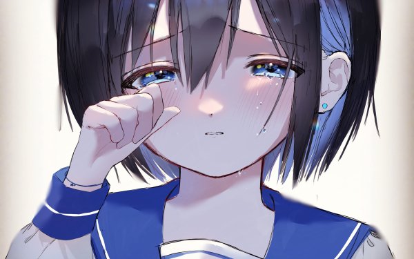Anime Girl Short Hair Black Hair Earrings Tears Blue Eyes Two-Toned Hair HD Wallpaper | Background Image