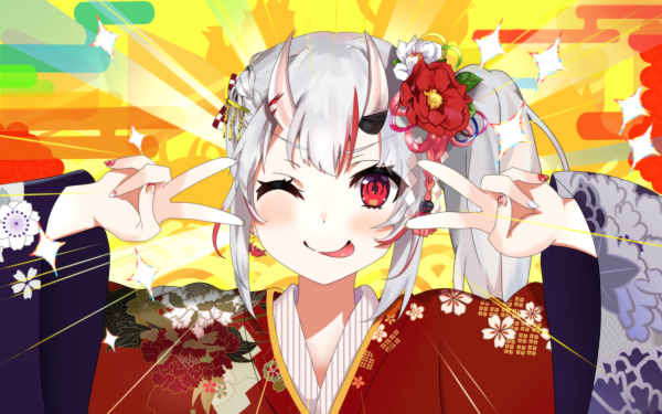 Anime Virtual Youtuber Hololive Nakiri Ayame White Hair Red Eyes Horns Wink Kimono HD Wallpaper | Background Image