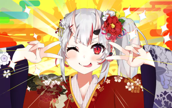 Nakiri Ayame from Hololive, a white-haired anime Virtual YouTuber with red eyes and horns, winking in a red kimono, set against a vibrant, colorful 4K Ultra HD background.