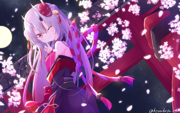 Nakiri Ayame from hololive with white hair, red eyes, and horns, surrounded by cherry blossoms and a full moon, featured in a 4K Ultra HD anime-style wallpaper.