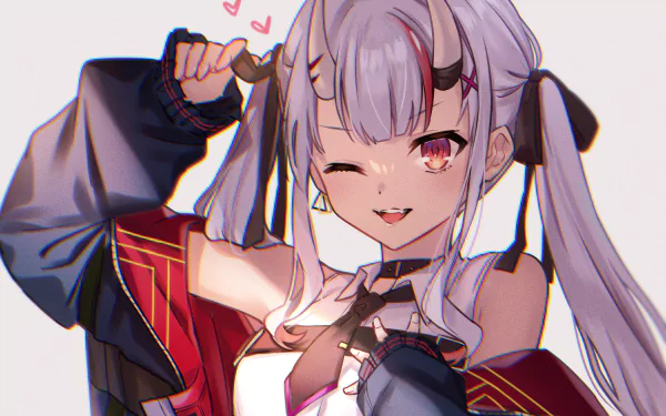 HD desktop wallpaper featuring Nakiri Ayame, an anime-style character from Hololive. She has white hair, horns, and winks playfully, with hearts above her head.