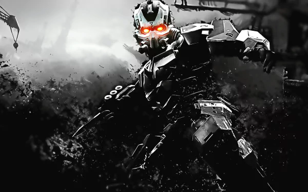 HD desktop wallpaper of a character from the video game Killzone 3, featuring a menacing figure with glowing red eyes amidst a dark, tumultuous background.