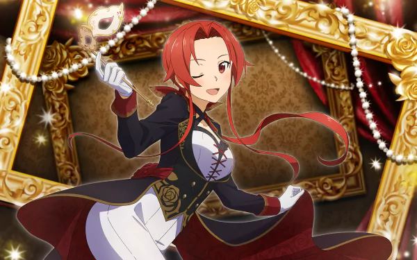 Tiese Shtolienen from Sword Art Online winks, dressed in elegant black and white attire with red hair, set against a luxurious, ornate background in this HD anime wallpaper.