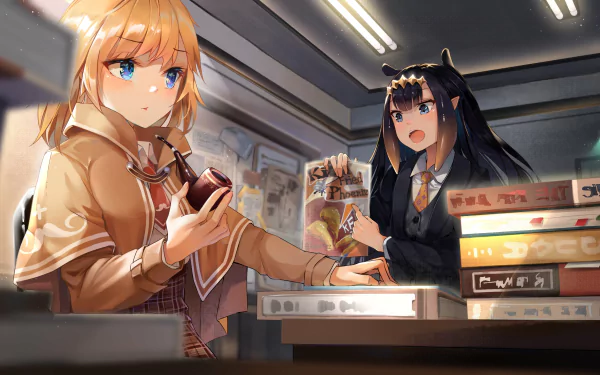 HD anime desktop wallpaper featuring Virtual YouTubers Ninomae Ina'nis and Watson Amelia interacting in a cozy, detailed room filled with books and warm lighting.