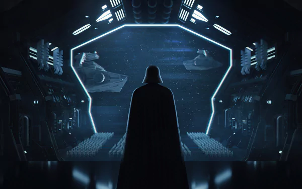 4K Ultra HD Star Wars desktop wallpaper featuring Darth Vader silhouetted inside a Sith spaceship, surrounded by futuristic sci-fi elements and starry space views.