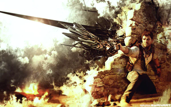 HD desktop wallpaper featuring Nathan Drake in action from the video game Uncharted 3: Drake's Deception, set against a fiery backdrop.