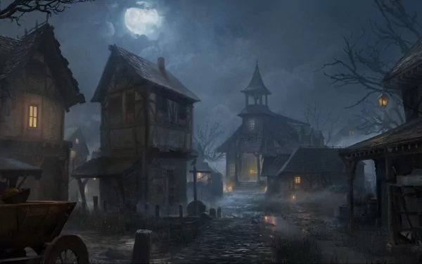 HD PC desktop wallpaper featuring a dark, eerie town from the video game Diablo Immortal under a moonlit sky.
