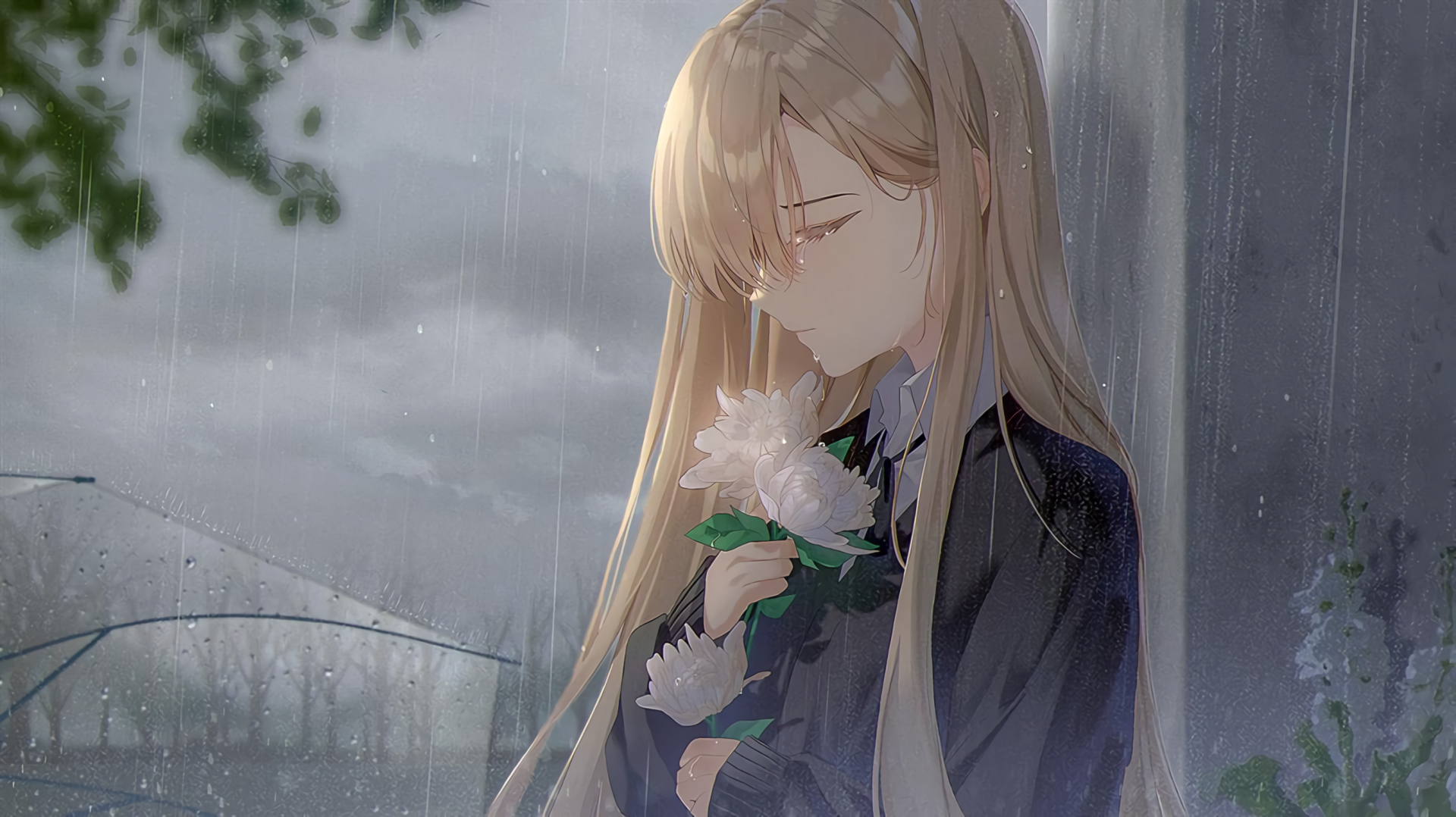 Anime girl with blonde hair holding a white flower, standing in the rain. HD desktop wallpaper and background.