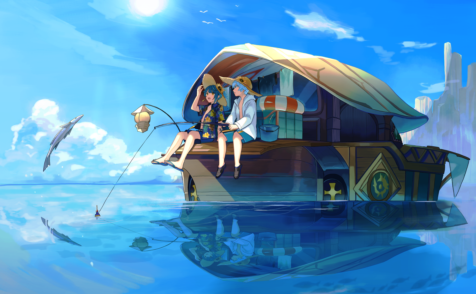 Xingqiu and Chongyun from Genshin Impact are sitting on a boat, fishing and enjoying a sunny day on calm, reflective waters. The HD wallpaper captures a serene and vibrant scene from the video game.
