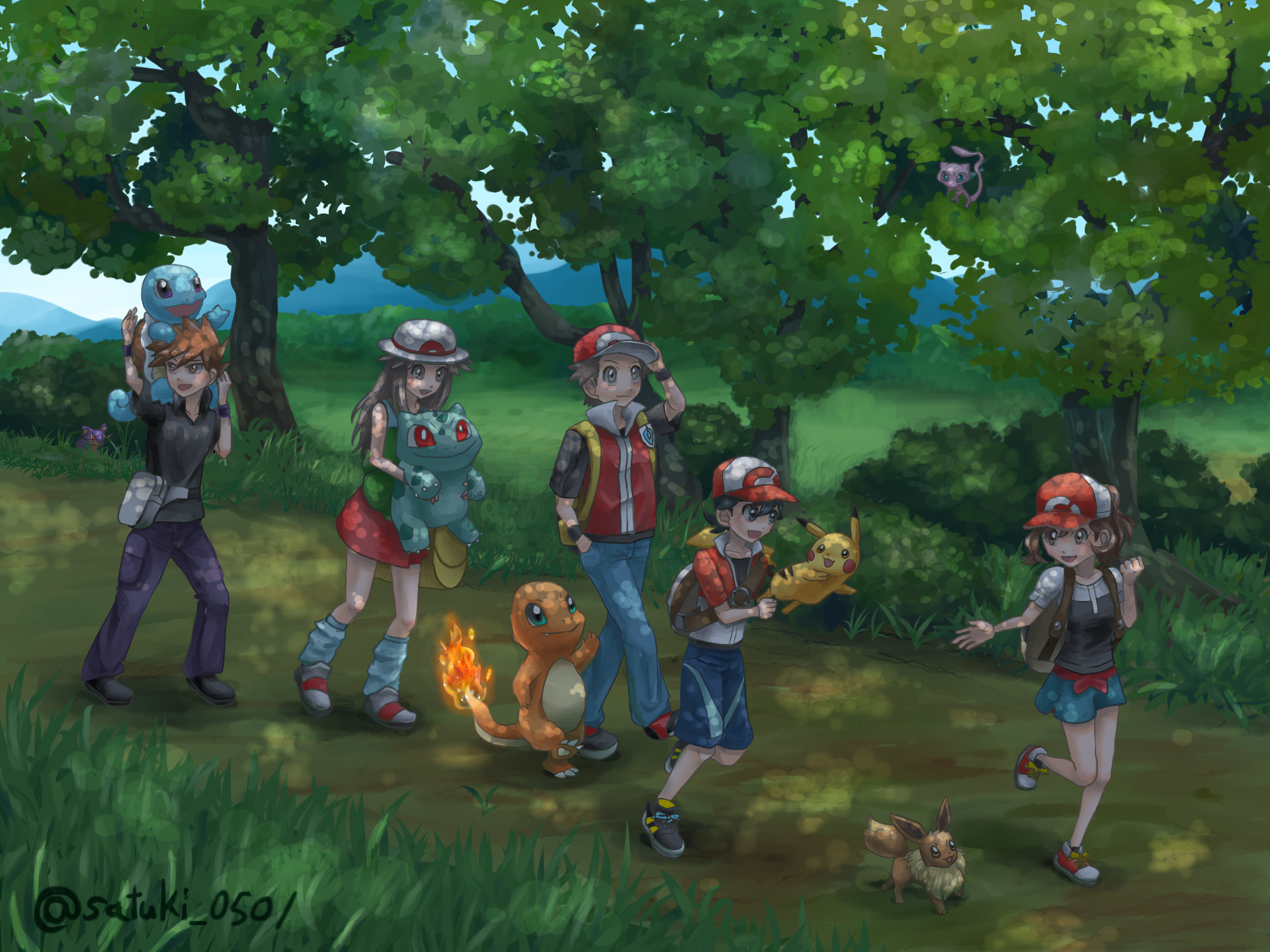 HD PC desktop wallpaper featuring characters and Pokémon from the video game series walking through a lush forest setting.