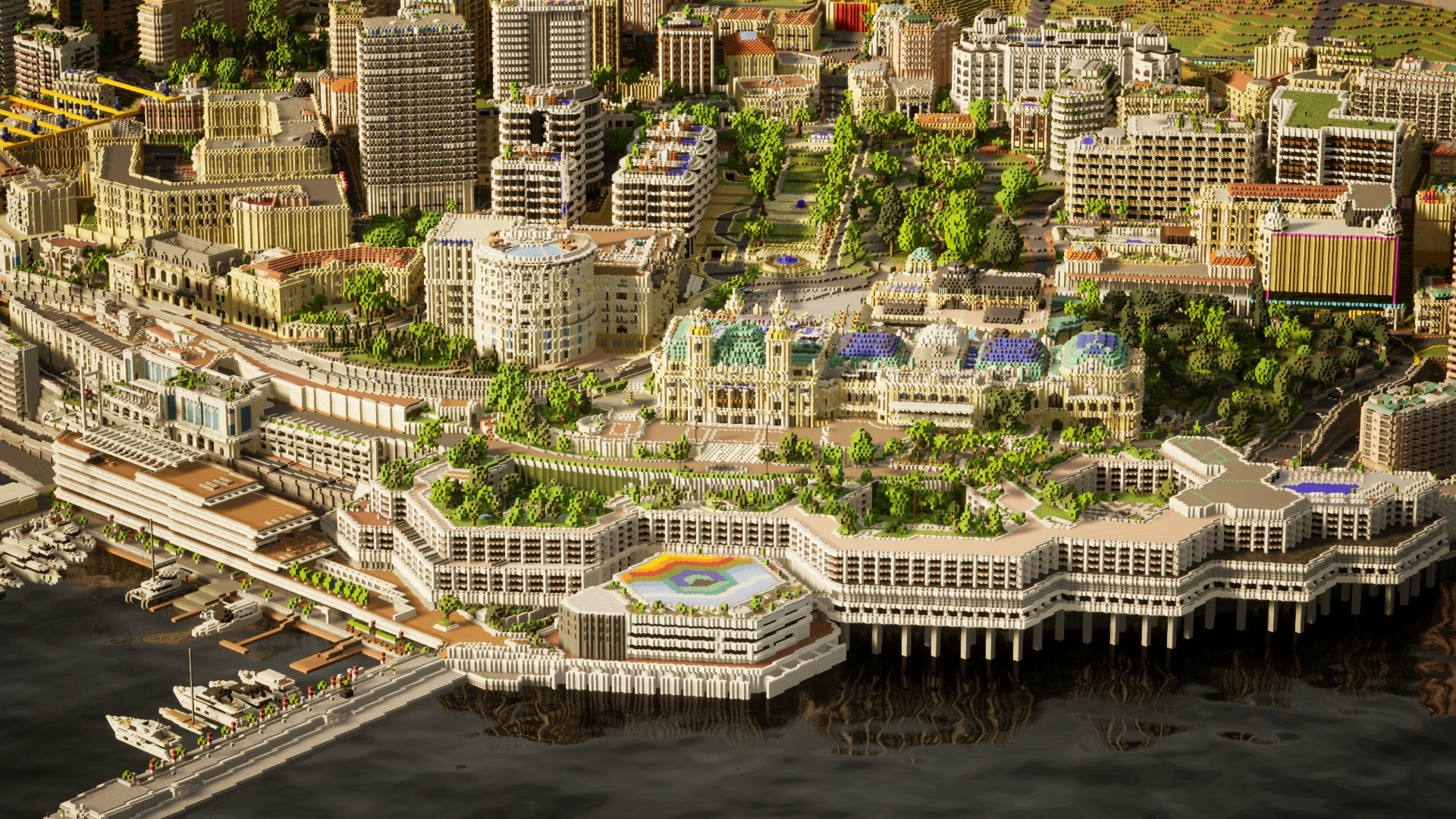 HD Minecraft cityscape of Monaco with detailed buildings and greenery, captured as a PC desktop wallpaper showcasing the virtual urban environment.