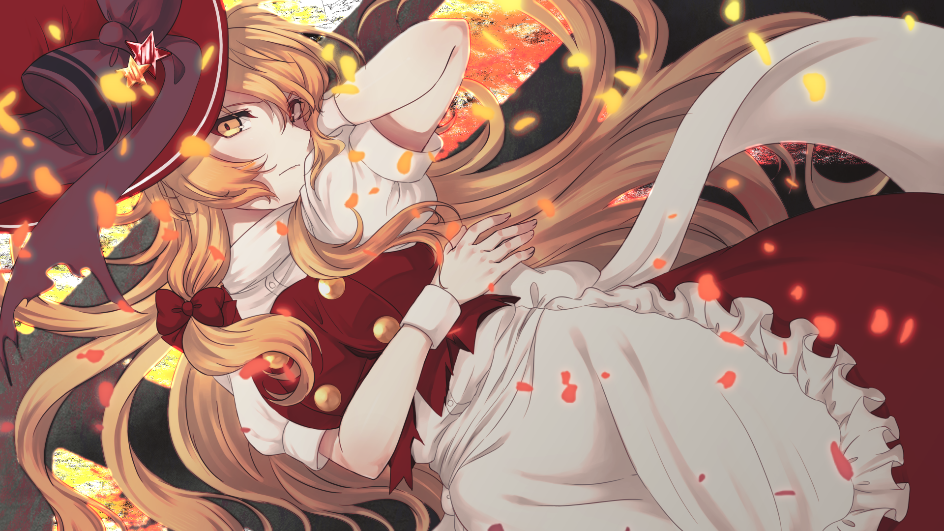 4K Ultra HD anime desktop wallpaper featuring Marisa Kirisame from Touhou, depicted in dynamic motion with detailed costume and vibrant fiery background.
