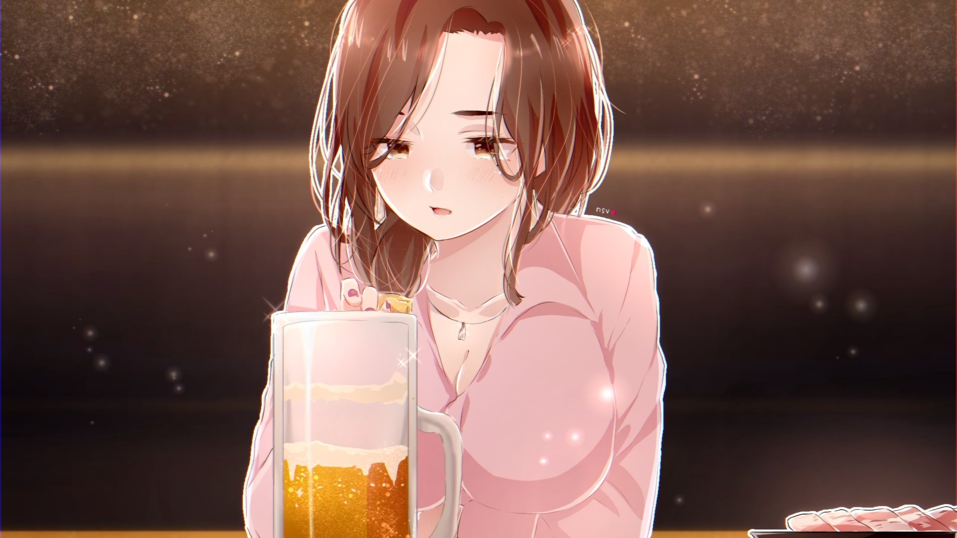 HD PC desktop wallpaper of Airi Gotou from Higehiro — brown hair and brown eyes, softly lit in a pink blouse, holding a frosty mug at a bar.
