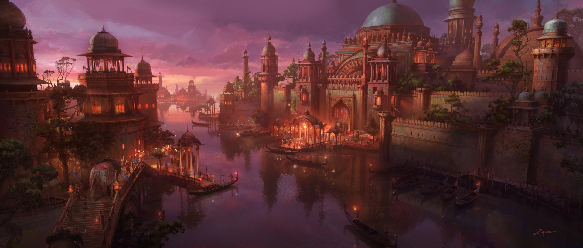 A vibrant fantasy cityscape at dusk with ornate architecture along calm waters, rendered in HD for a PC desktop wallpaper and background.