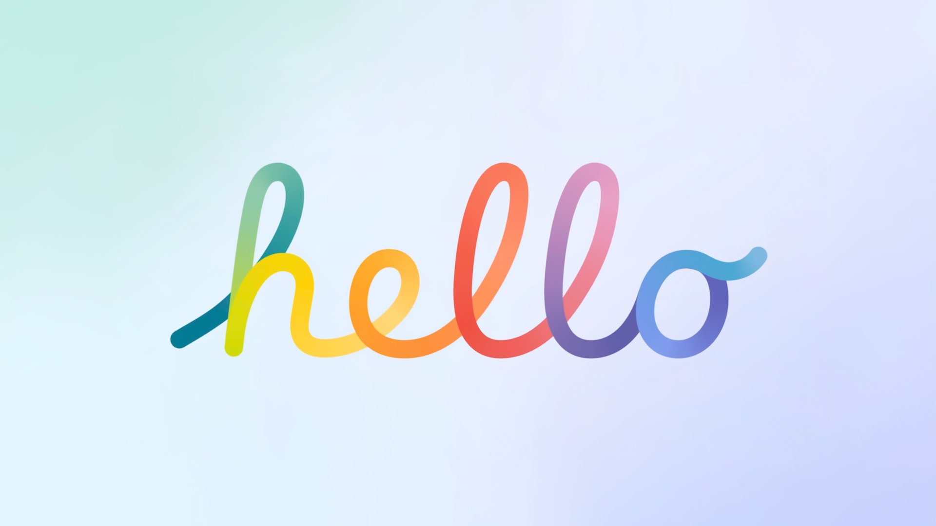 Apple Inc. 5K Ultra HD PC desktop wallpaper featuring the word hello in rainbow cursive on a soft pastel gradient background.
