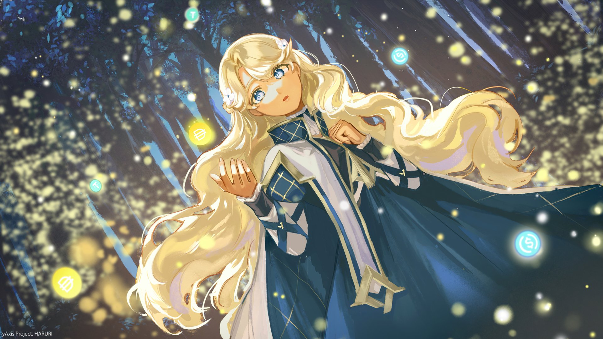 HD anime wallpaper featuring a blonde anime girl with long hair and blue eyes, surrounded by glowing orbs in a magical, starry background.