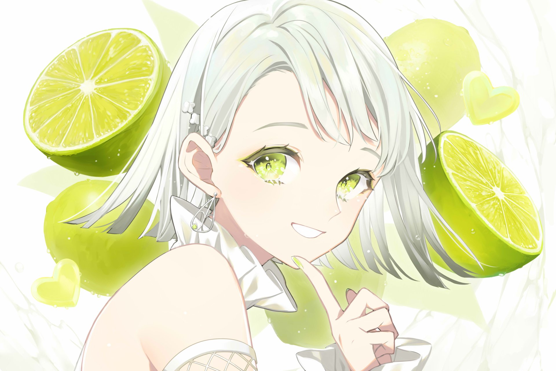 4K Ultra HD PC desktop anime wallpaper of a short white-haired girl with lime-green eyes, lime slices and hearts in the background, wearing star earrings and smiling.