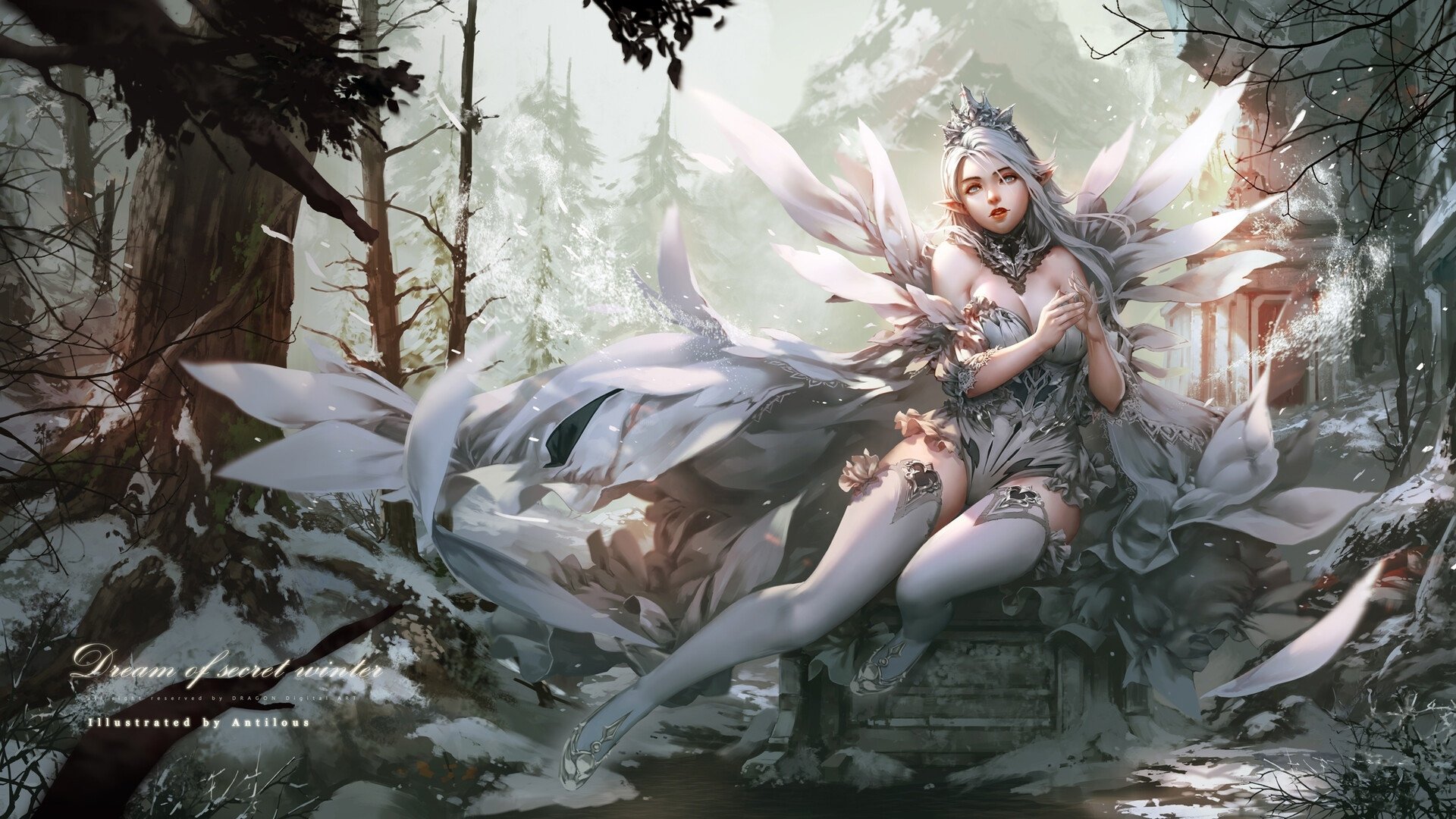 Fantasy elf resting on mossy stone in an enchanted forest, luminous wings and flowing white garments — HD PC desktop wallpaper background with delicate, ethereal details.