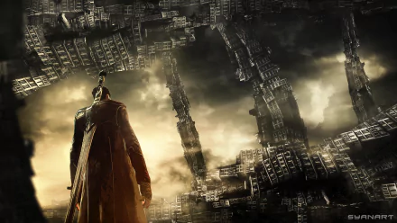 Dante (Devil May Cry) from DmC: Devil May Cry faces a shattered, floating city beneath stormy skies — HD PC desktop wallpaper and background capturing the video game's dark, cinematic mood.